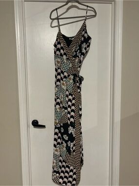 Bar III Black Geometric & Floral Wrap Maxi Dress with Cream and Gold Accents